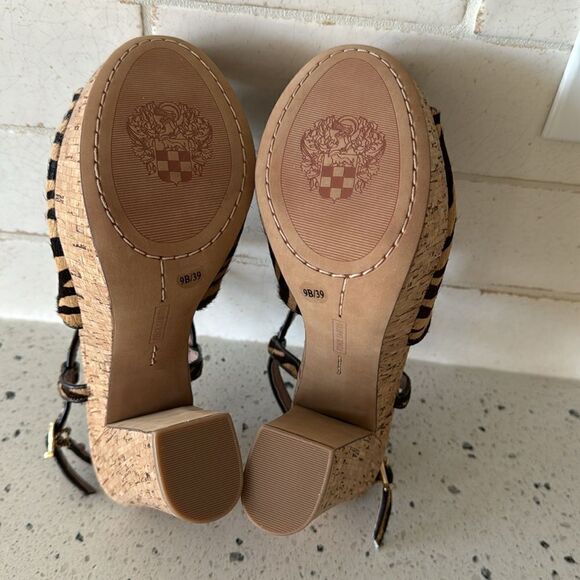 Vince Camuto VC-Deville Tan/Brown Leather Zebra Print Cork Platform Sandals Sz 9 - Picture 8 of 12